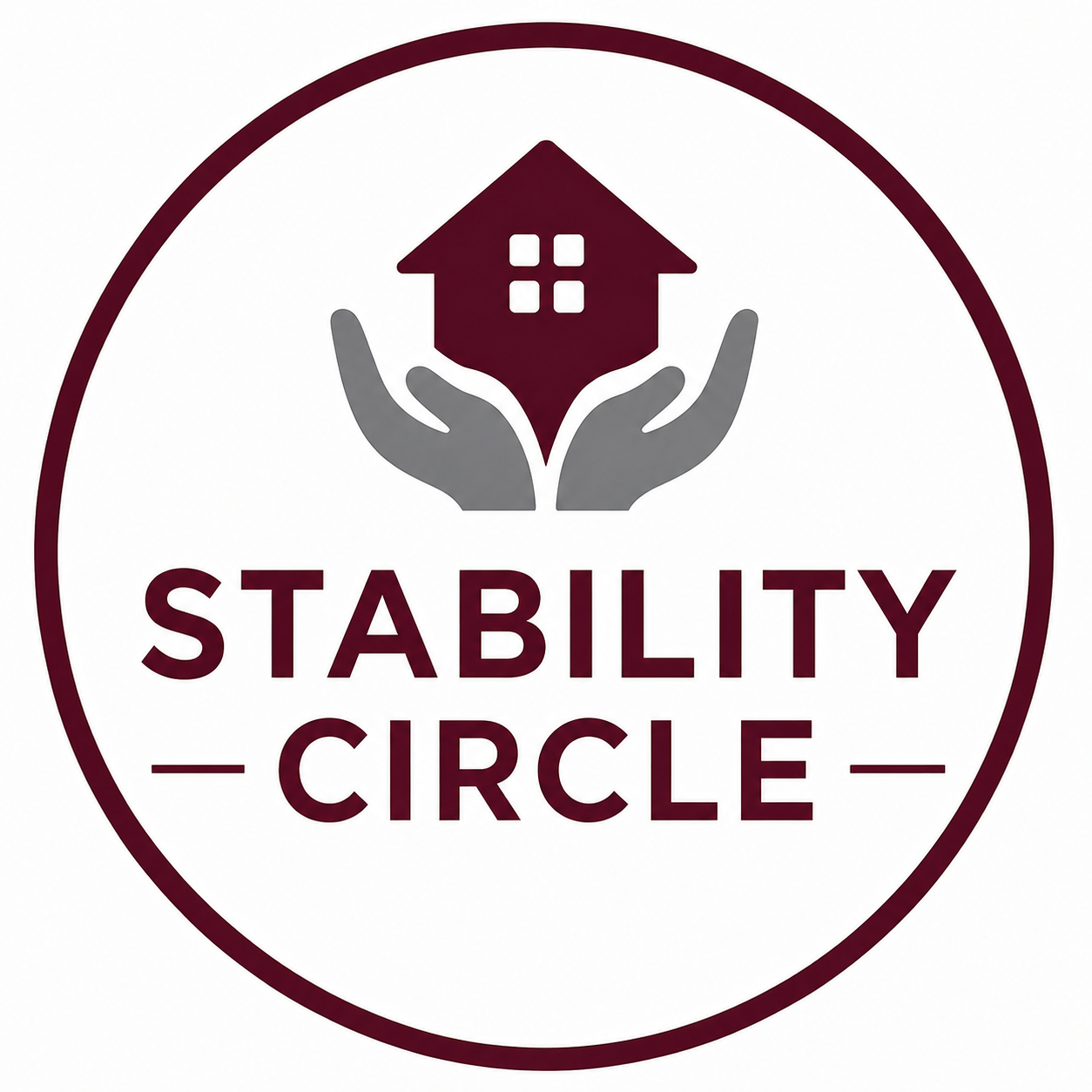 Stability Circle round logo with two outstretched hands holding a house